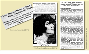 Three newspaper clippings. On the left the text says dawn man and woman to wrest living from nature in woods. The middle clipping shows a young woman with dark hair gazing upwards beneath a headline that says girl discards modern fads to live in woods as prehistoric woman. And clipping on the right says to play the wild woman. Feminist movement will match new eve with Joseph Knowles adam. 